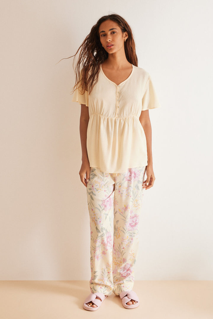 Yellow floral print viscose pyjamas - Yellow