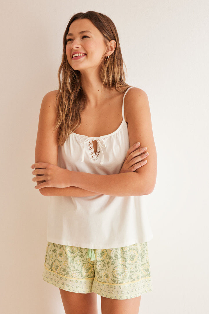 Short floral print cotton pyjamas - Ivory