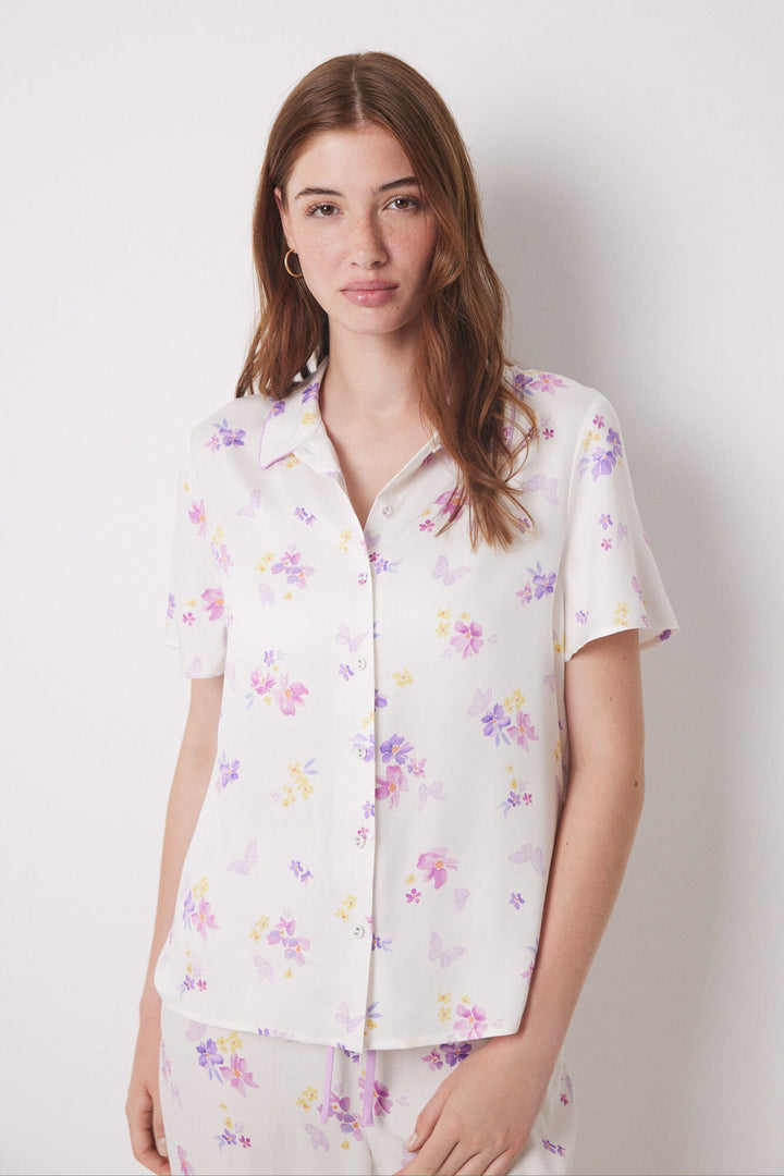 White soft touch shirt pajamas with butterflies - Ivory