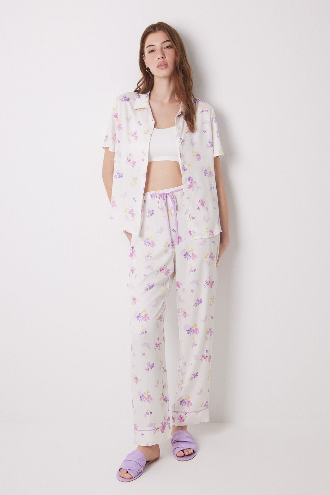 White soft touch shirt pajamas with butterflies - Ivory