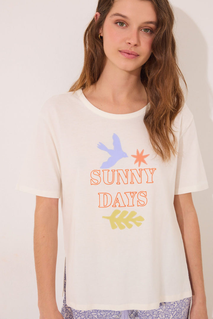 Short Sleeves Capri Pant Pyjama - Ivory