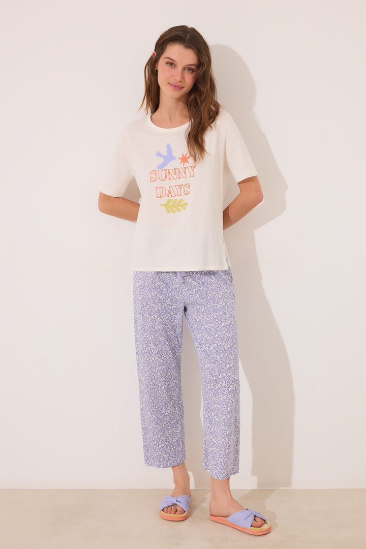 Short Sleeves Capri Pant Pyjama - Ivory