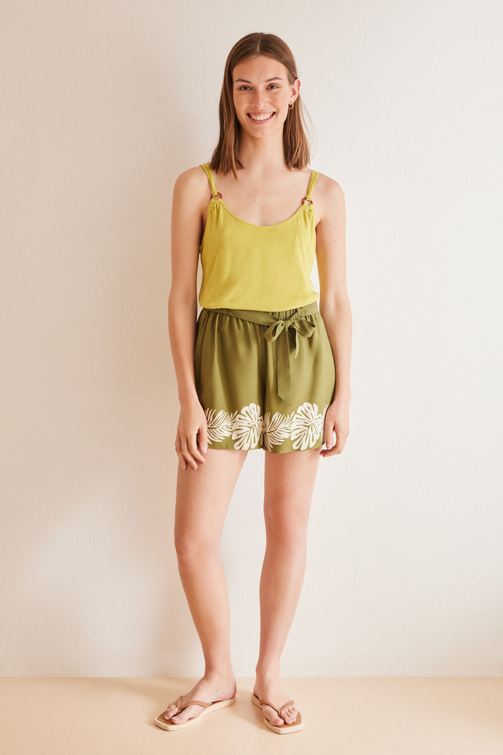 Leaf print khaki viscose shorts - Dark Khaki