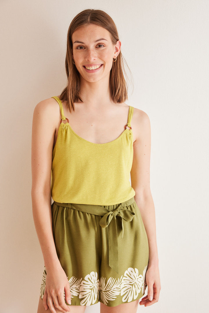 Leaf print khaki viscose shorts - Dark Khaki