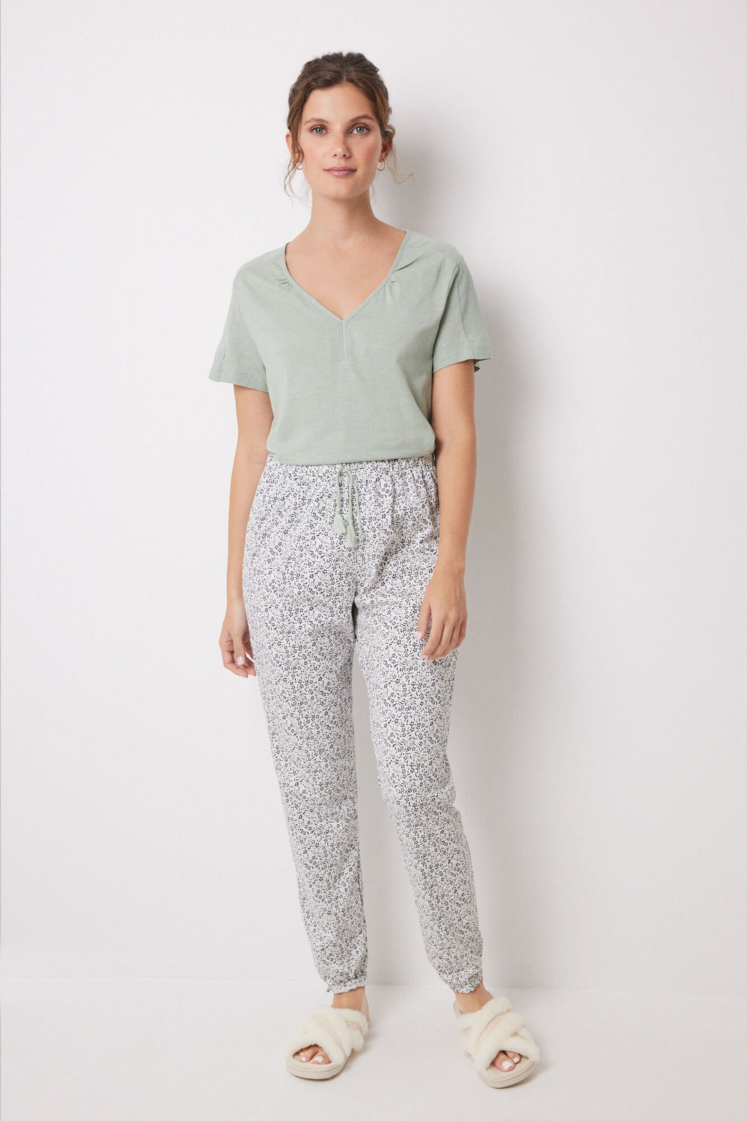 100% Cotton floral print skinny pants - Green