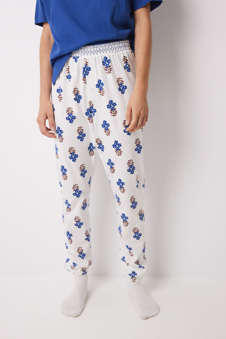 100% cotton skinny long pants with flowers - Blue Print