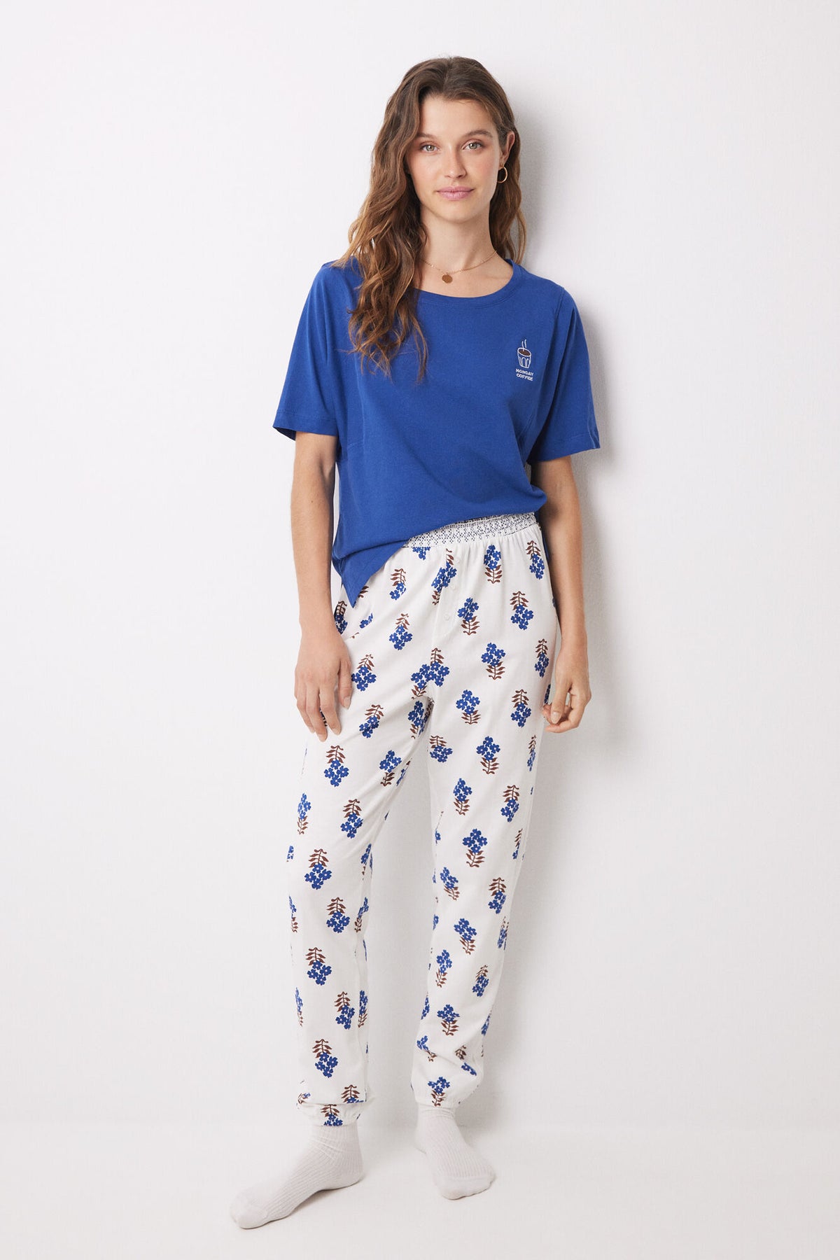 100% cotton skinny long pants with flowers - Blue Print