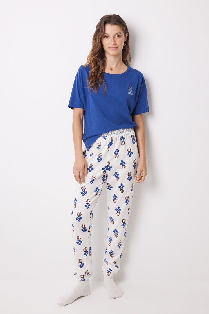 100% cotton skinny long pants with flowers - Blue Print