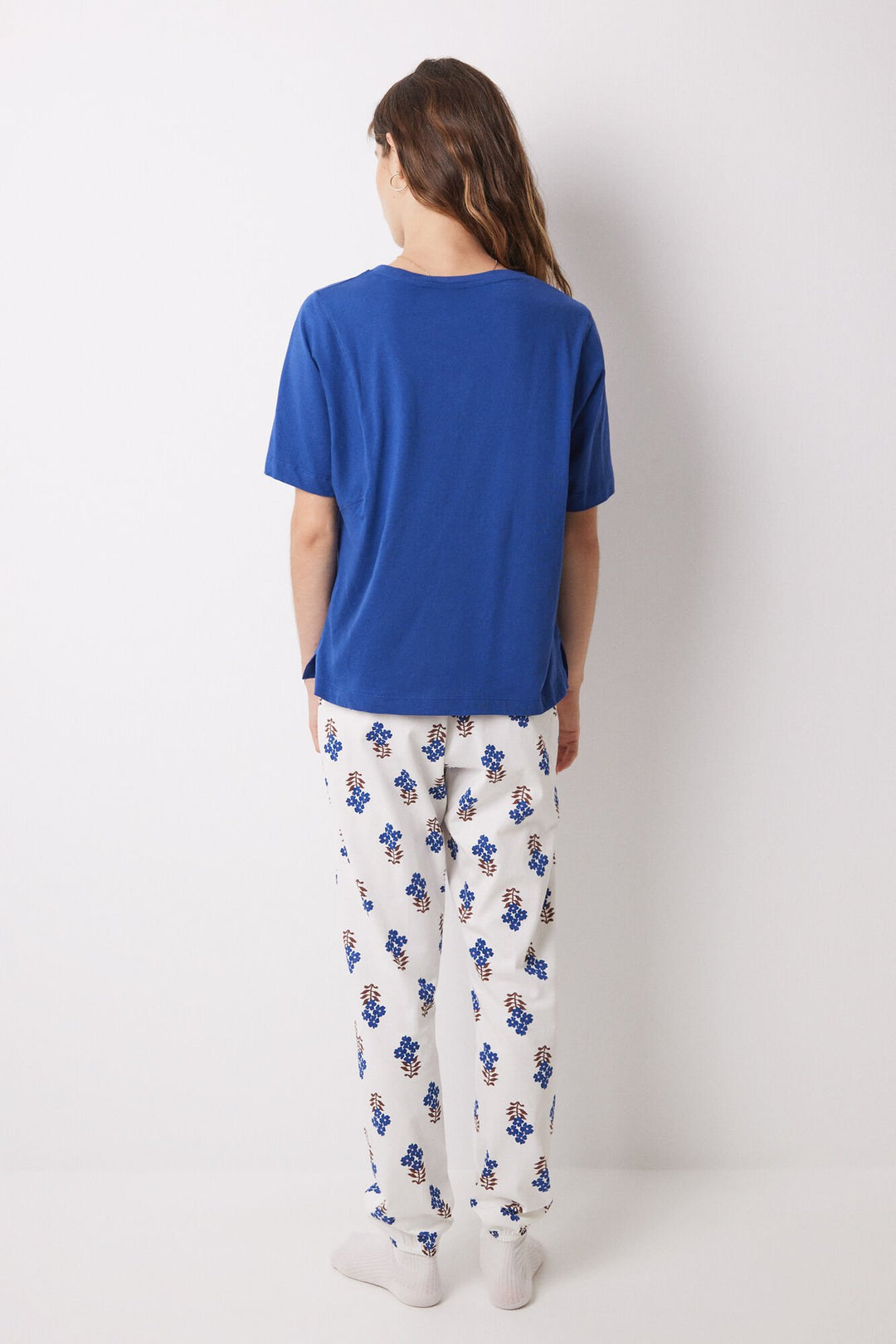 100% cotton skinny long pants with flowers - Blue Print