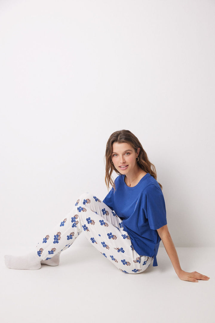 100% cotton skinny long pants with flowers - Blue Print