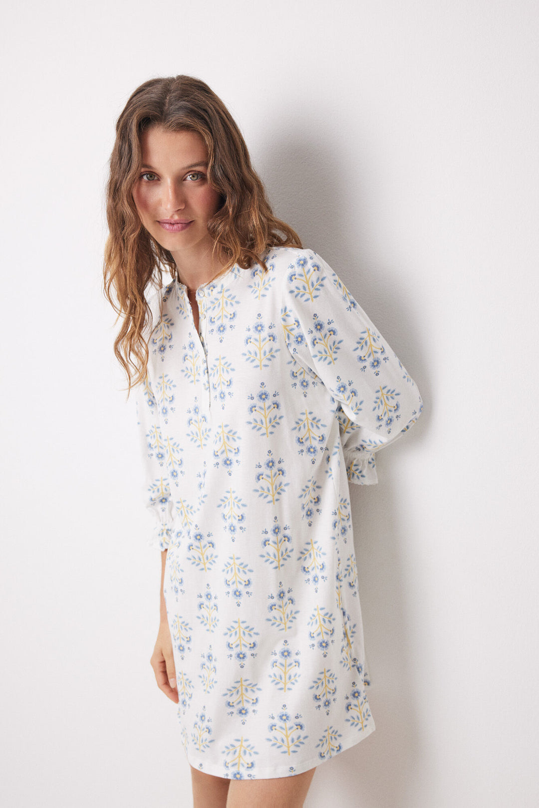 Short nightgown 100% cotton allover flowers - Blue Print