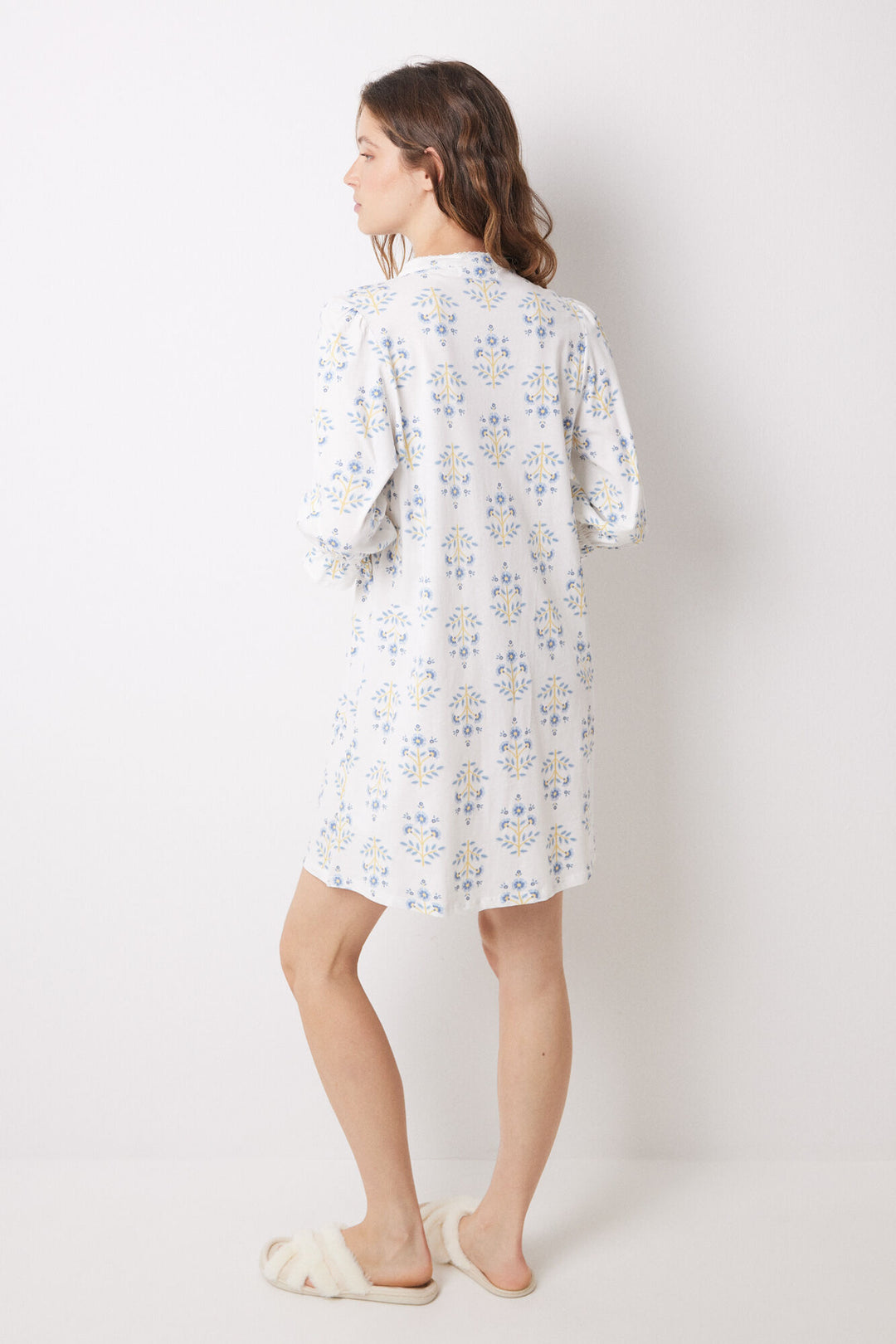 Short nightgown 100% cotton allover flowers - Blue Print