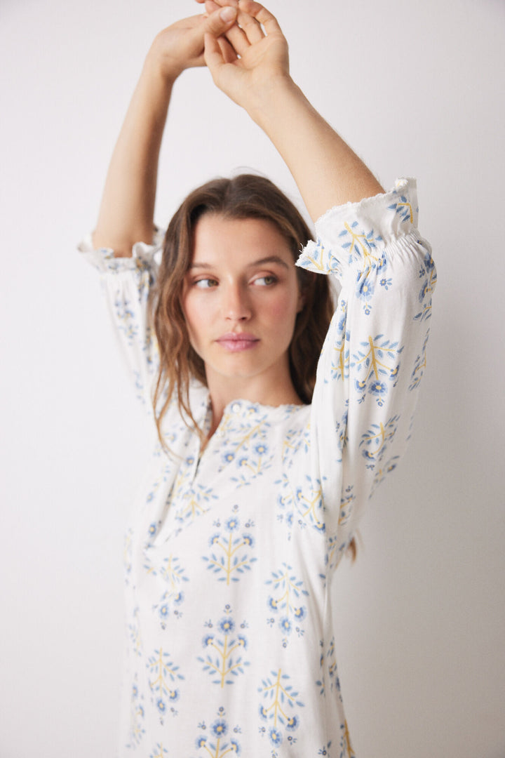 Short nightgown 100% cotton allover flowers - Blue Print