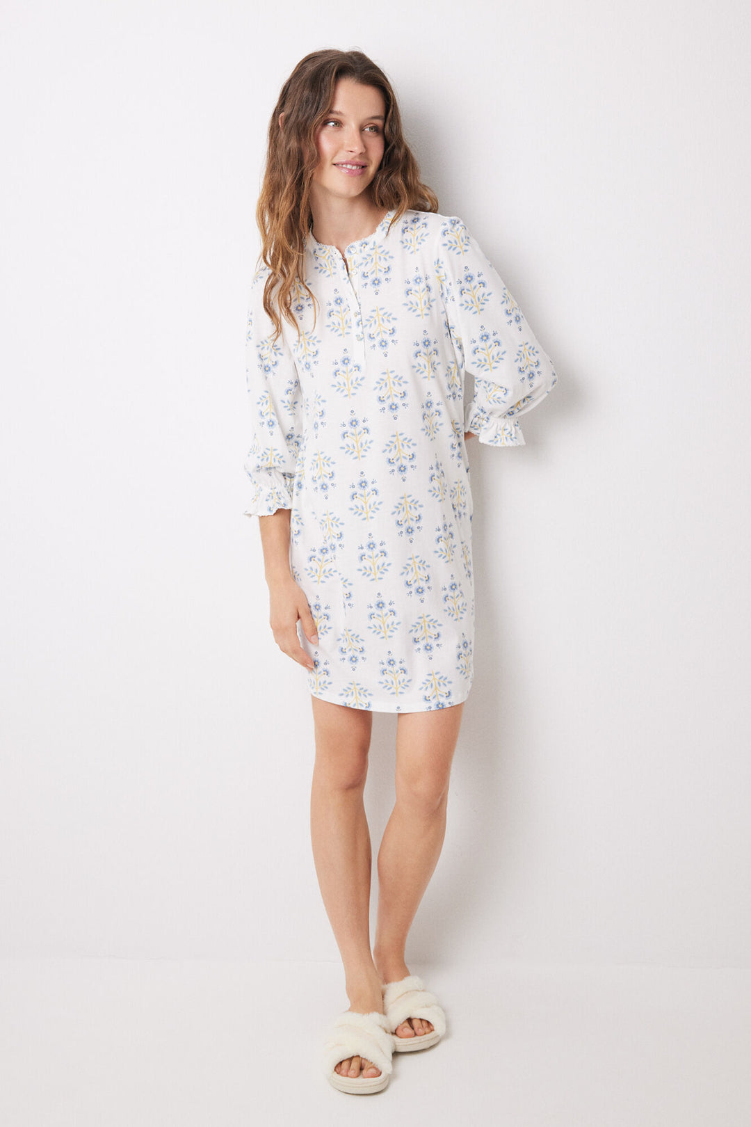 Short nightgown 100% cotton allover flowers - Blue Print