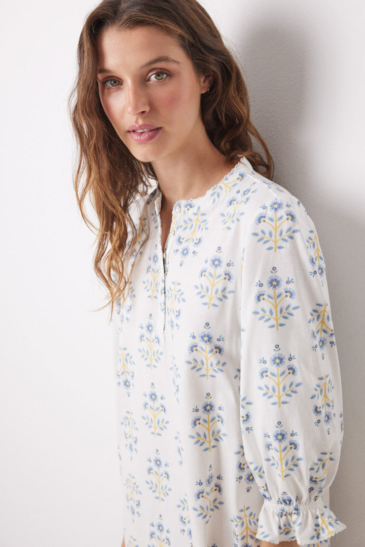 Short nightgown 100% cotton allover flowers - Blue Print
