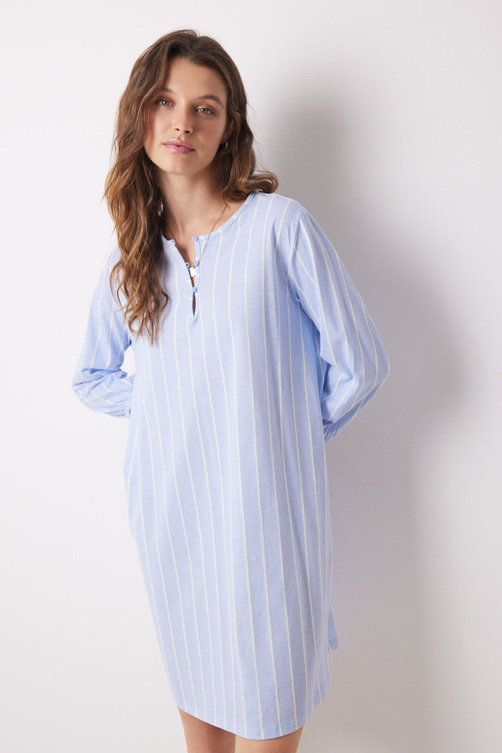 Short nightgown 100% cotton striped print - Blue Print