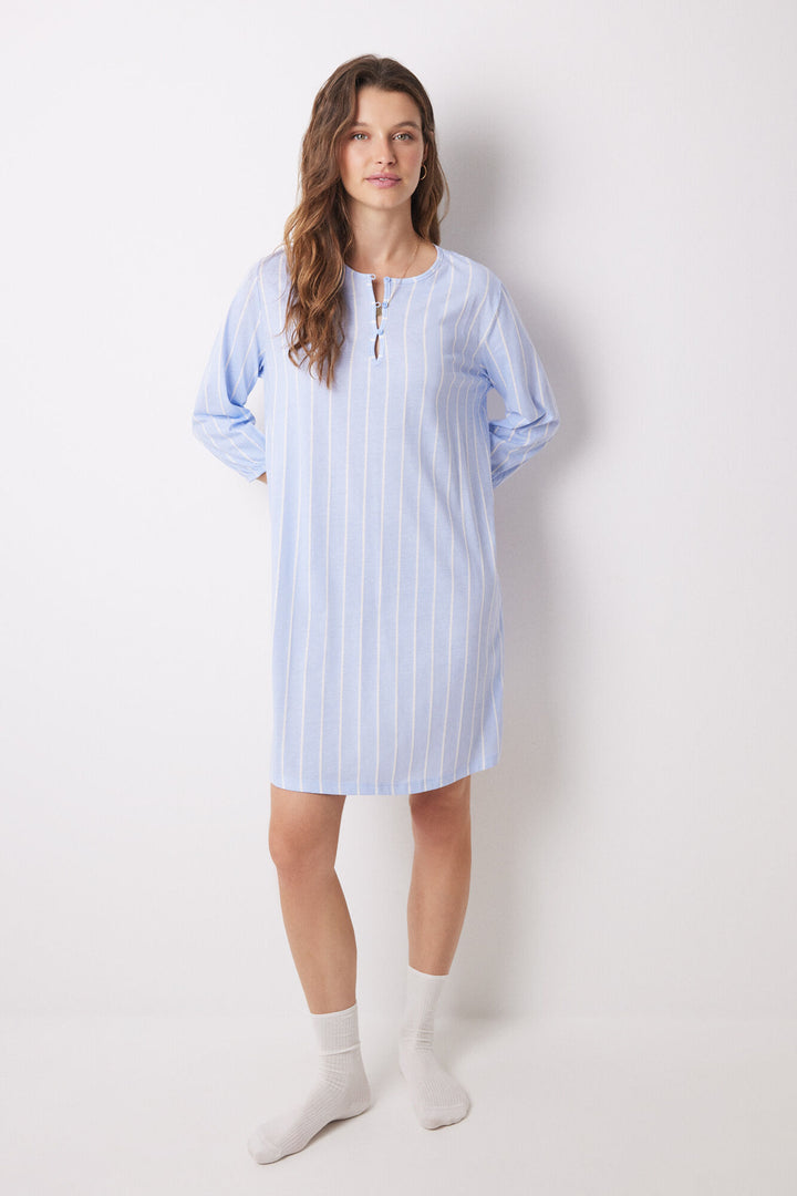 Short nightgown 100% cotton striped print - Blue Print