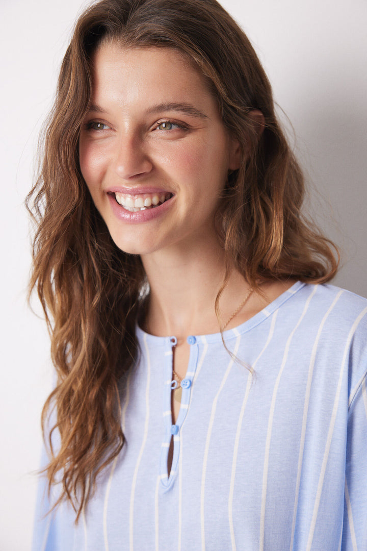 Short nightgown 100% cotton striped print - Blue Print