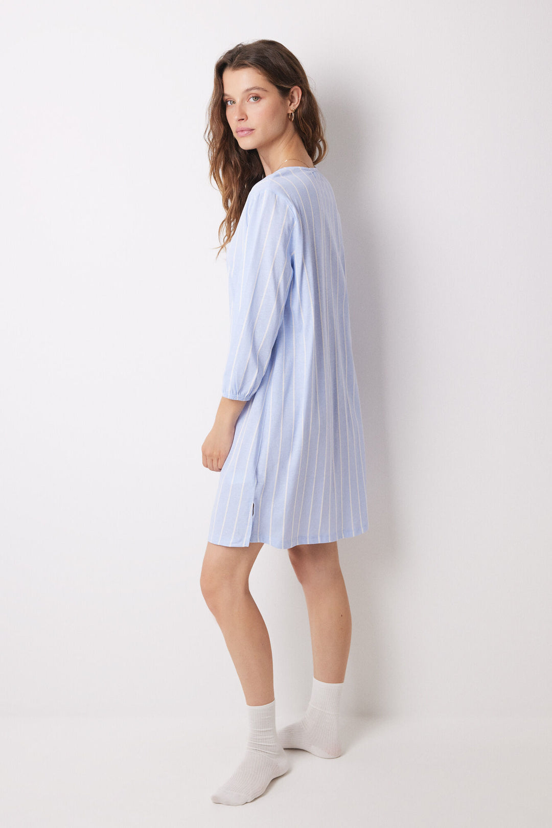 Short nightgown 100% cotton striped print - Blue Print