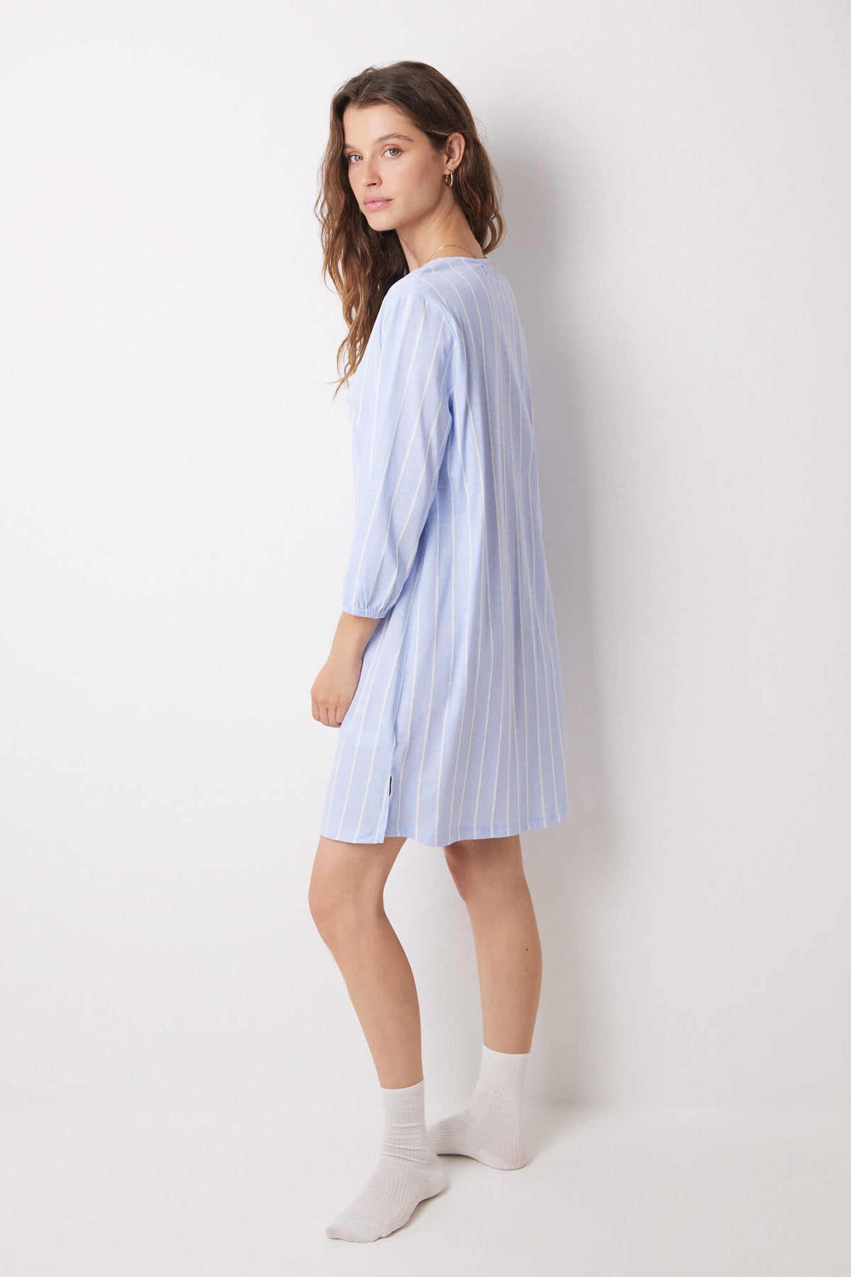 Short nightgown 100% cotton striped print - Blue Print