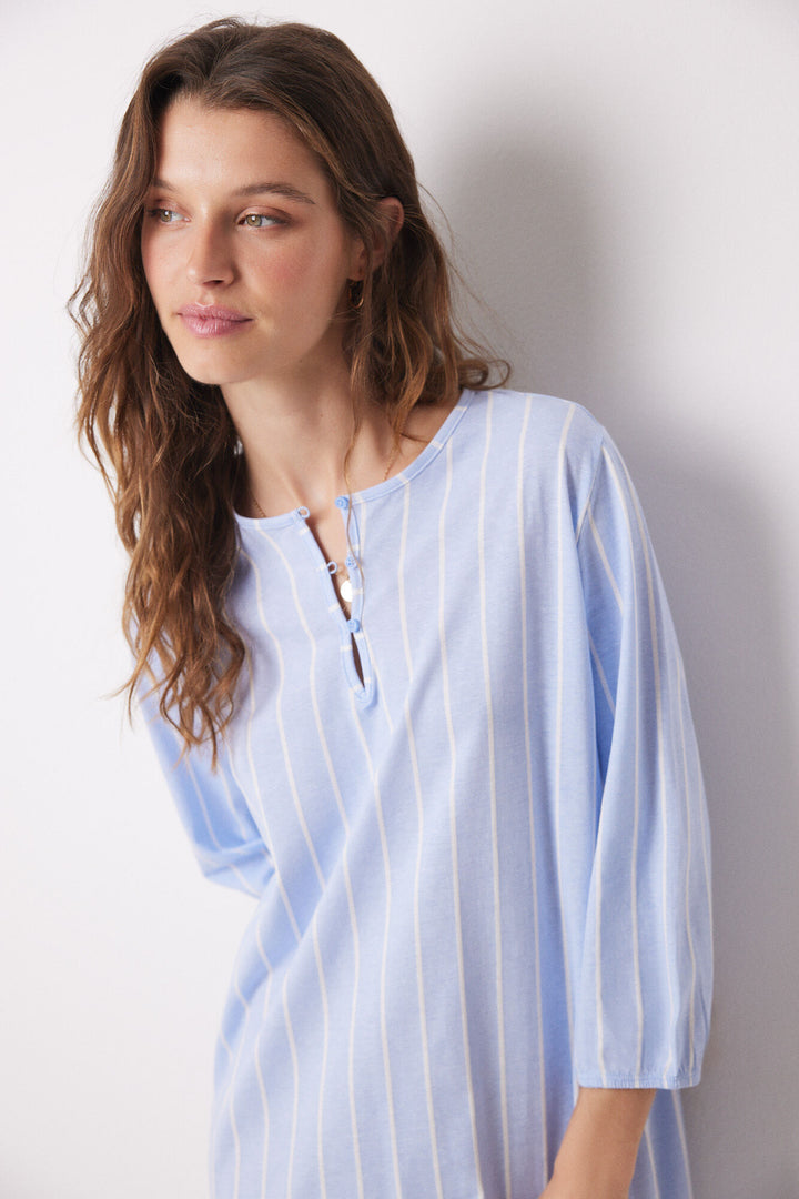 Short nightgown 100% cotton striped print - Blue Print