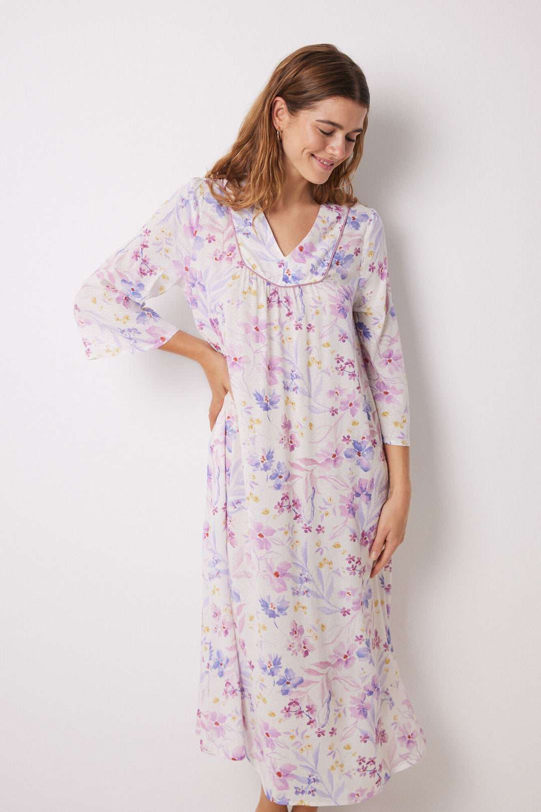 Floral print viscose midi nightgown - White Print