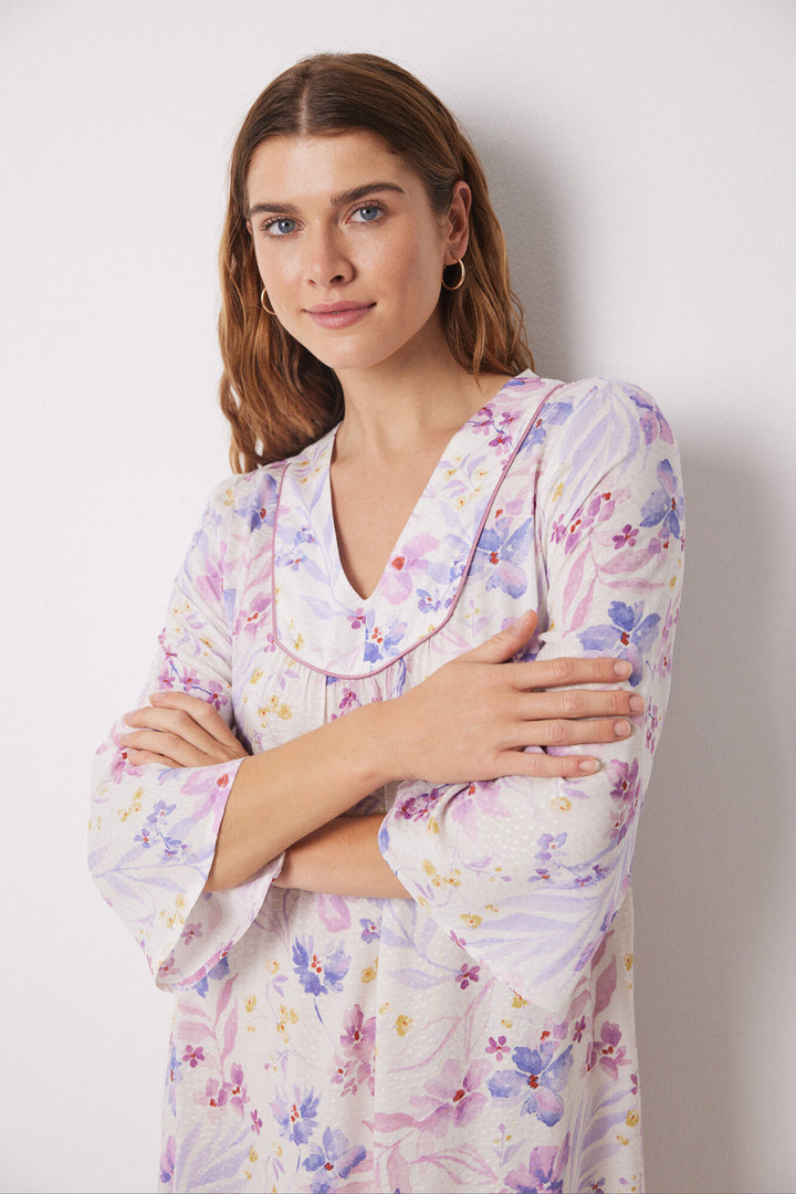Floral print viscose midi nightgown - White Print