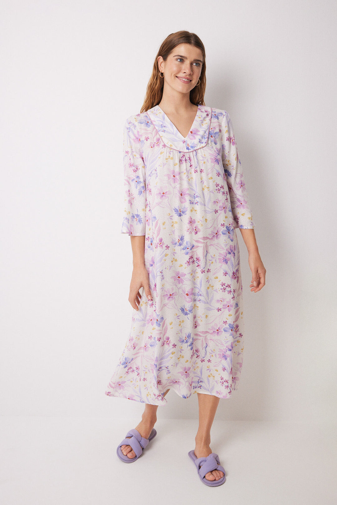 Floral print viscose midi nightgown - White Print