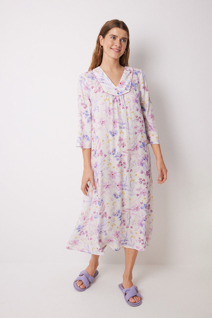 Floral print viscose midi nightgown - White Print