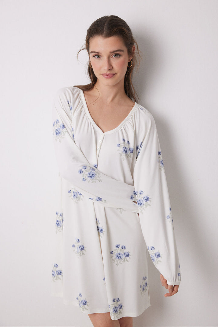 Long Sleeves Short Nightdress - Blue Print