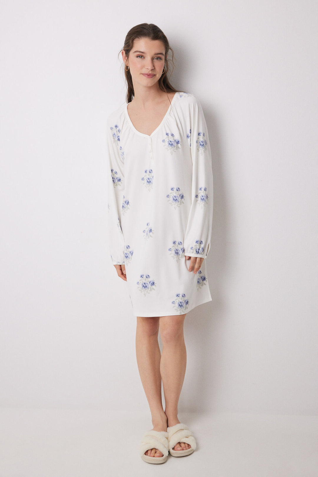 Long Sleeves Short Nightdress - Blue Print