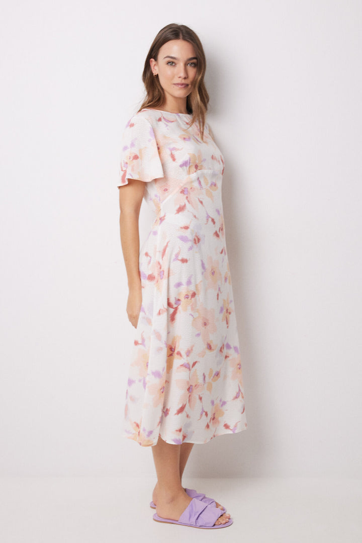 Short Sleeves Long Dress - White Print