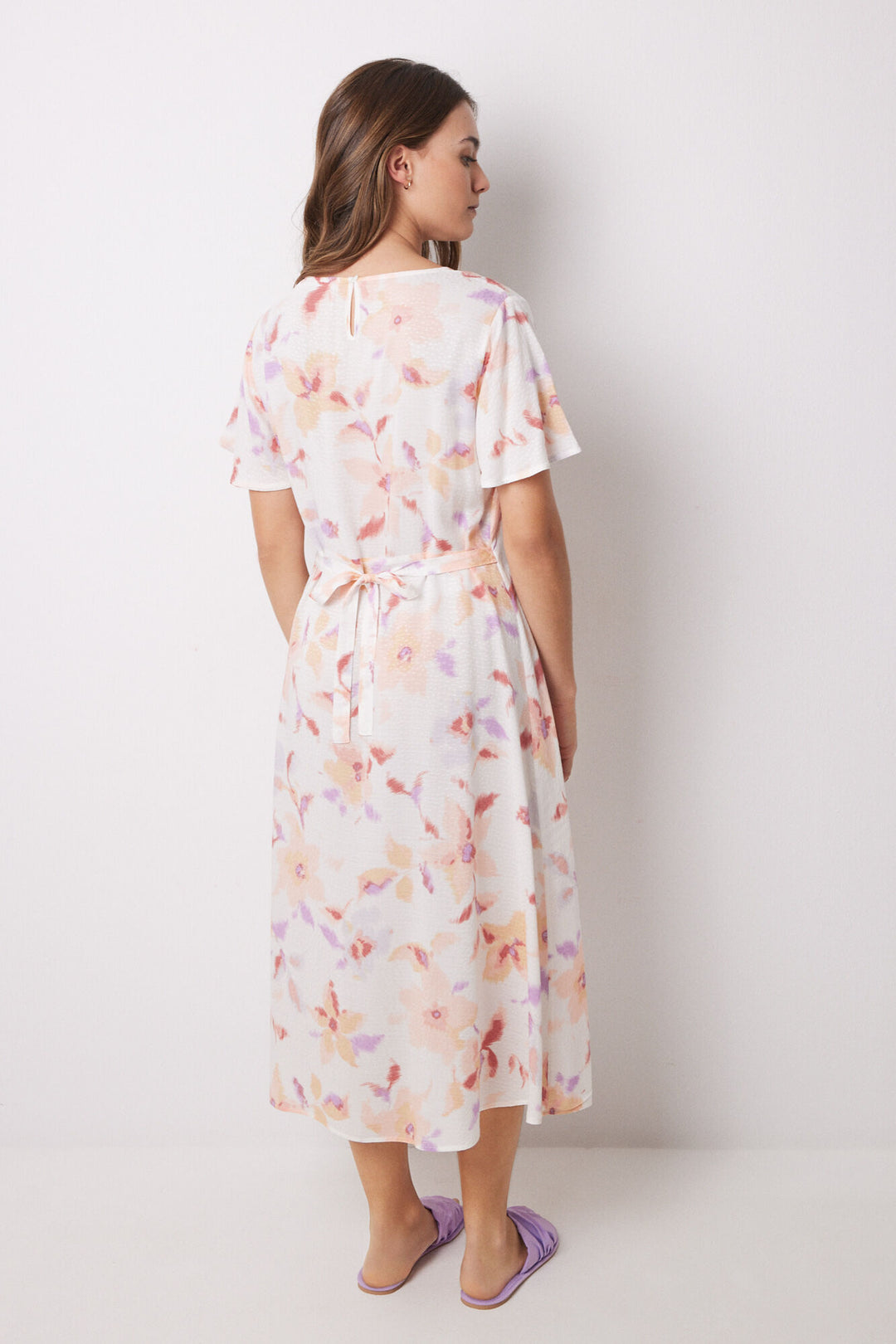 Short Sleeves Long Dress - White Print