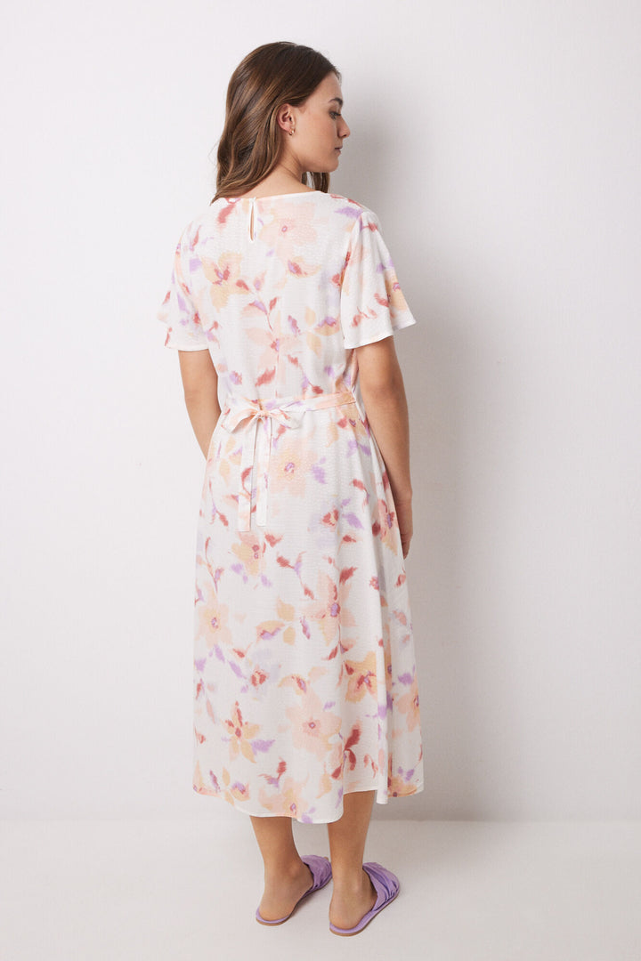 Short Sleeves Long Dress - White Print
