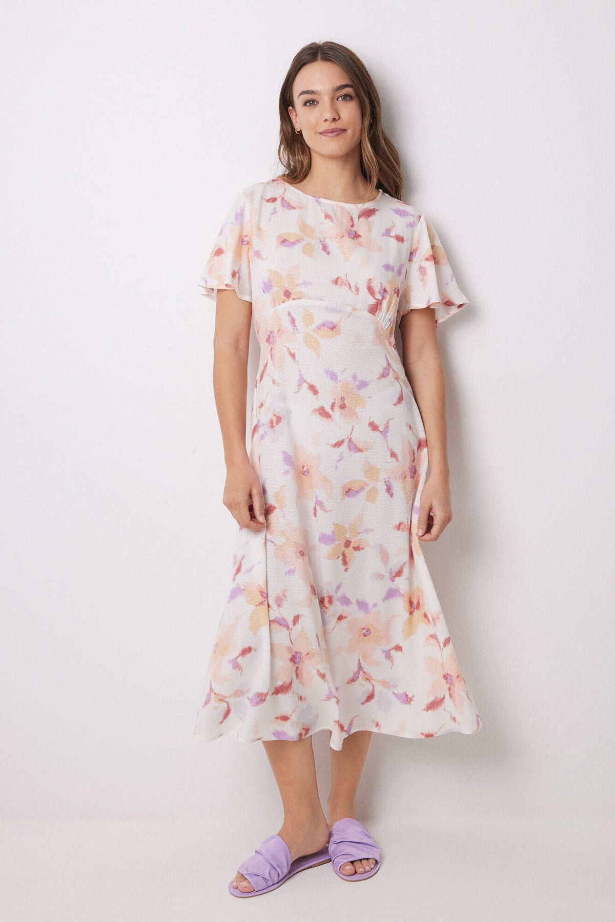 Short Sleeves Long Dress - White Print