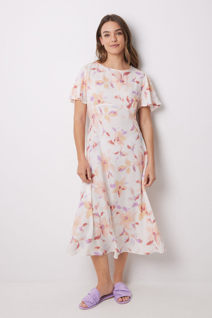 Short Sleeves Long Dress - White Print