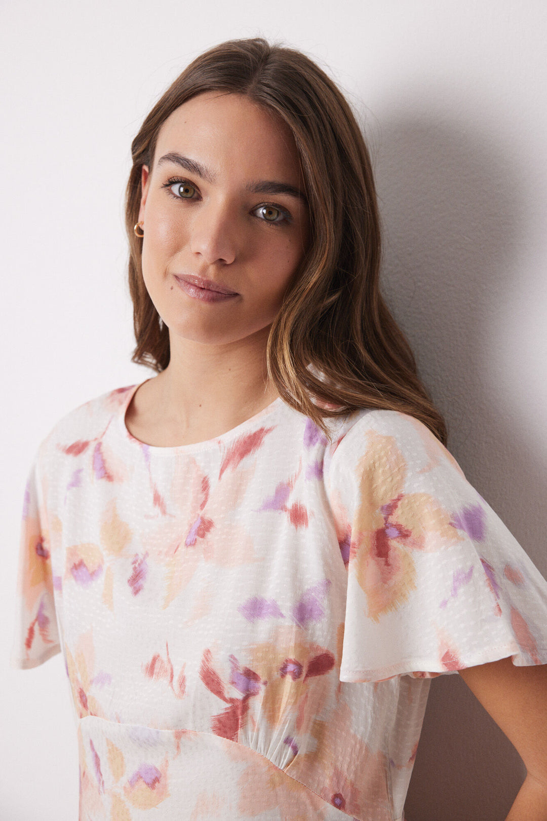 Short Sleeves Long Dress - White Print
