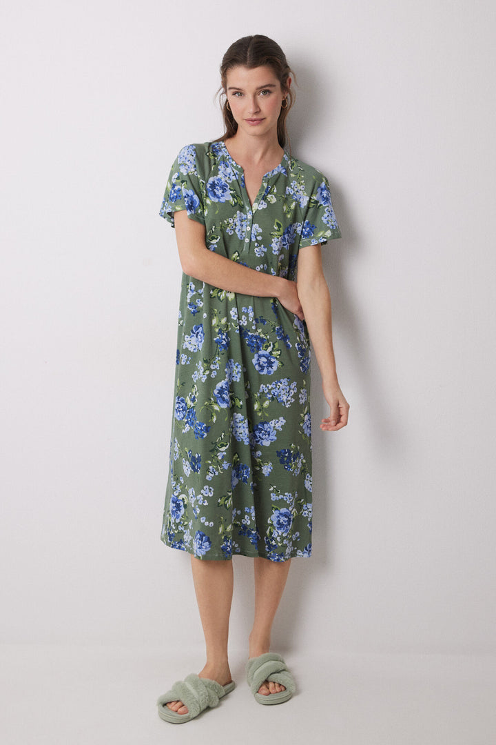 Short Sleeves Medium Nightdress - Green Print