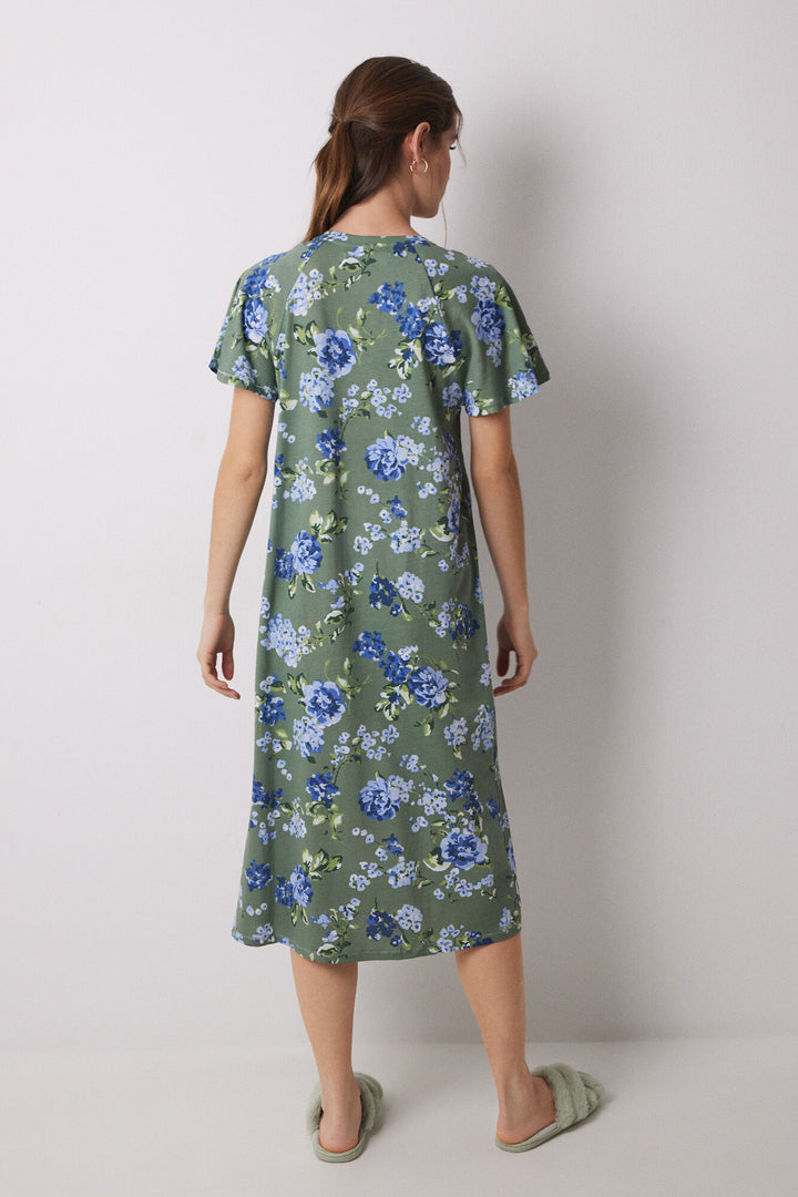 Short Sleeves Medium Nightdress - Green Print