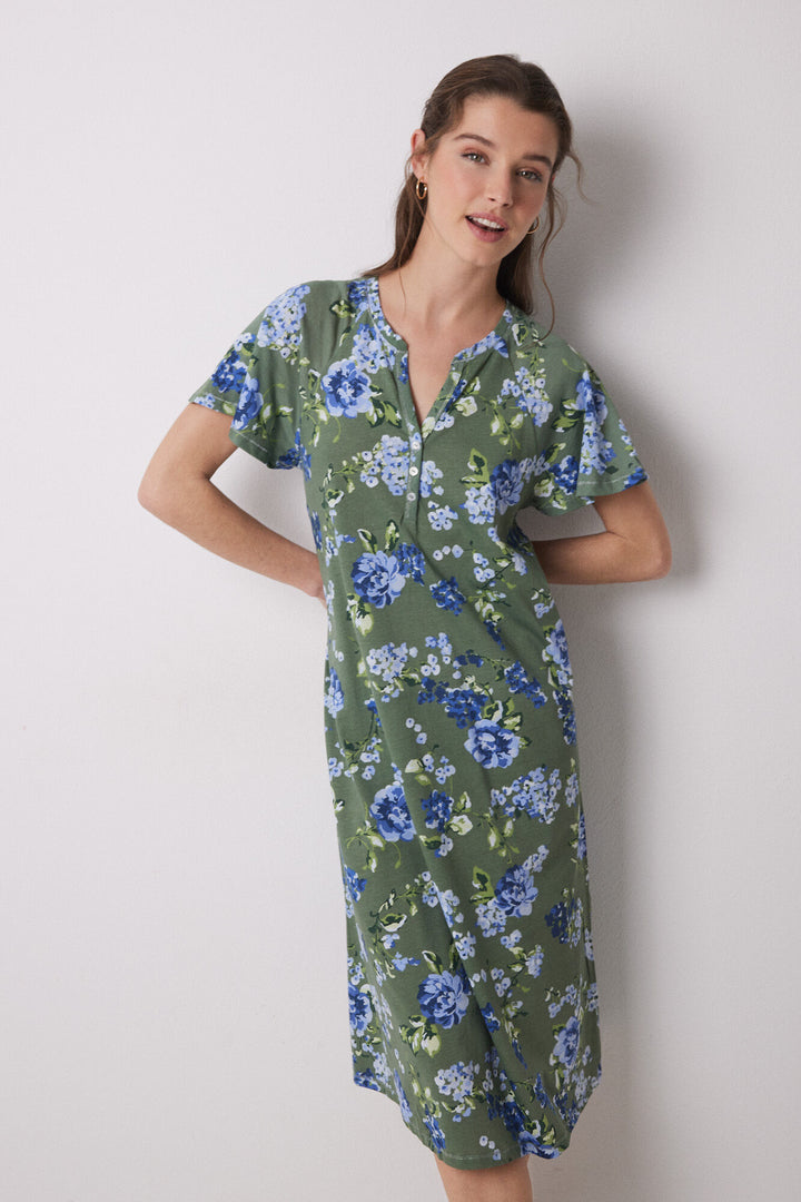 Short Sleeves Medium Nightdress - Green Print
