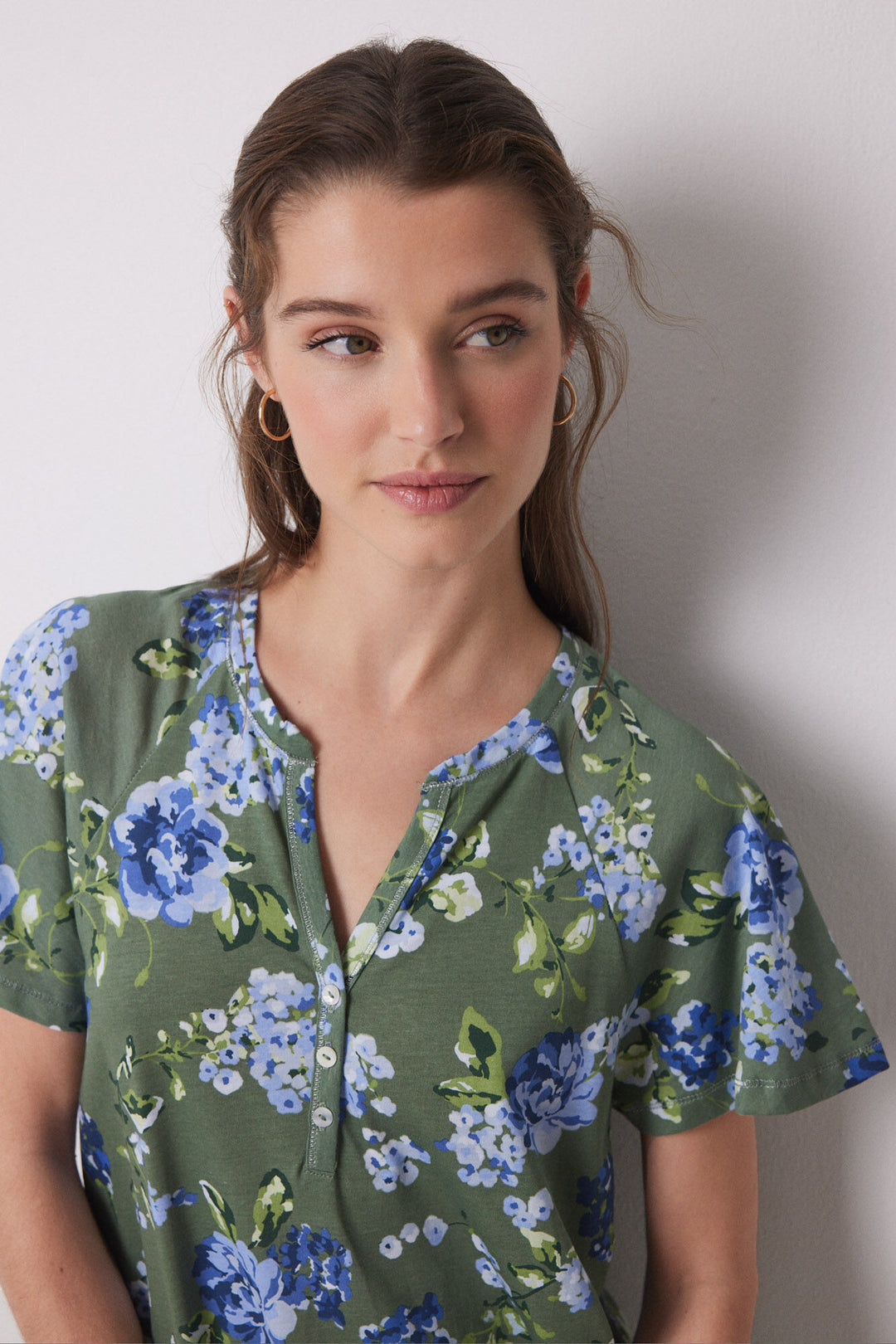 Short Sleeves Medium Nightdress - Green Print