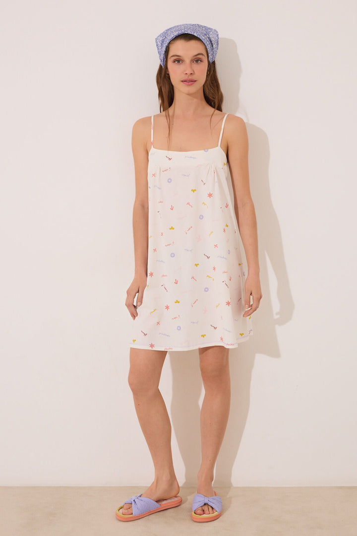 Straps Short Nightdress - White Print