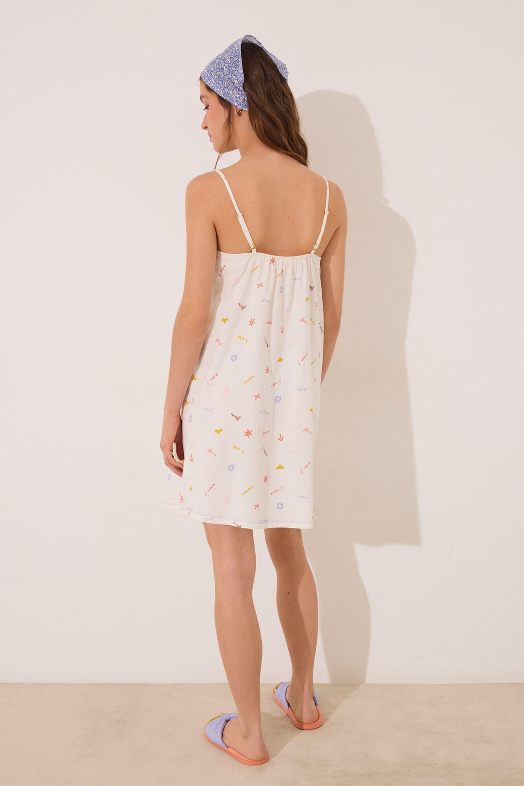Straps Short Nightdress - White Print