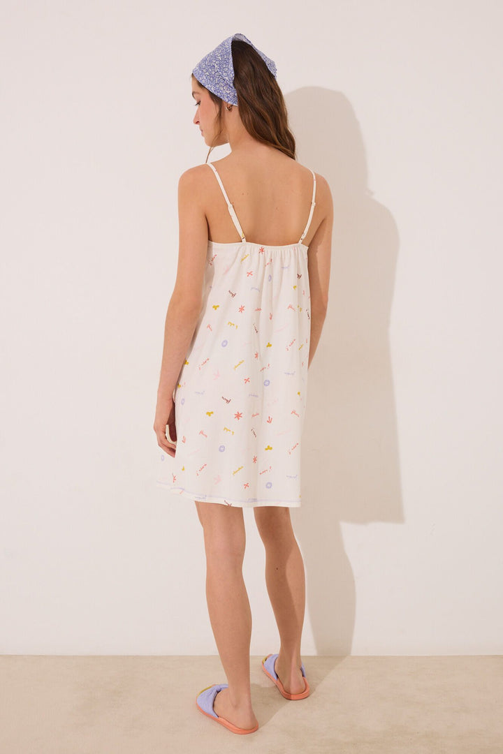 Straps Short Nightdress - White Print