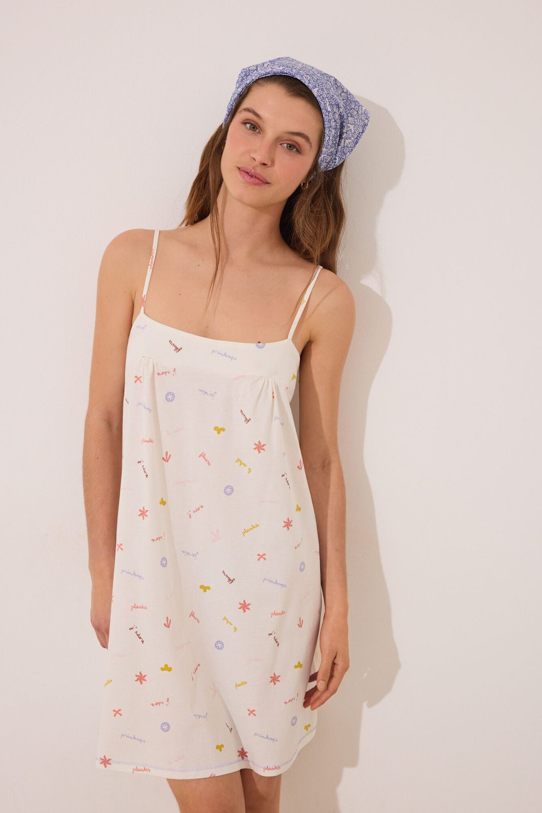 Straps Short Nightdress - White Print