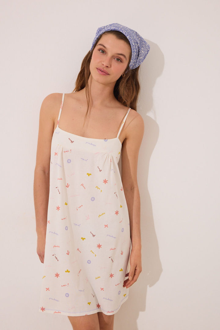 Straps Short Nightdress - White Print