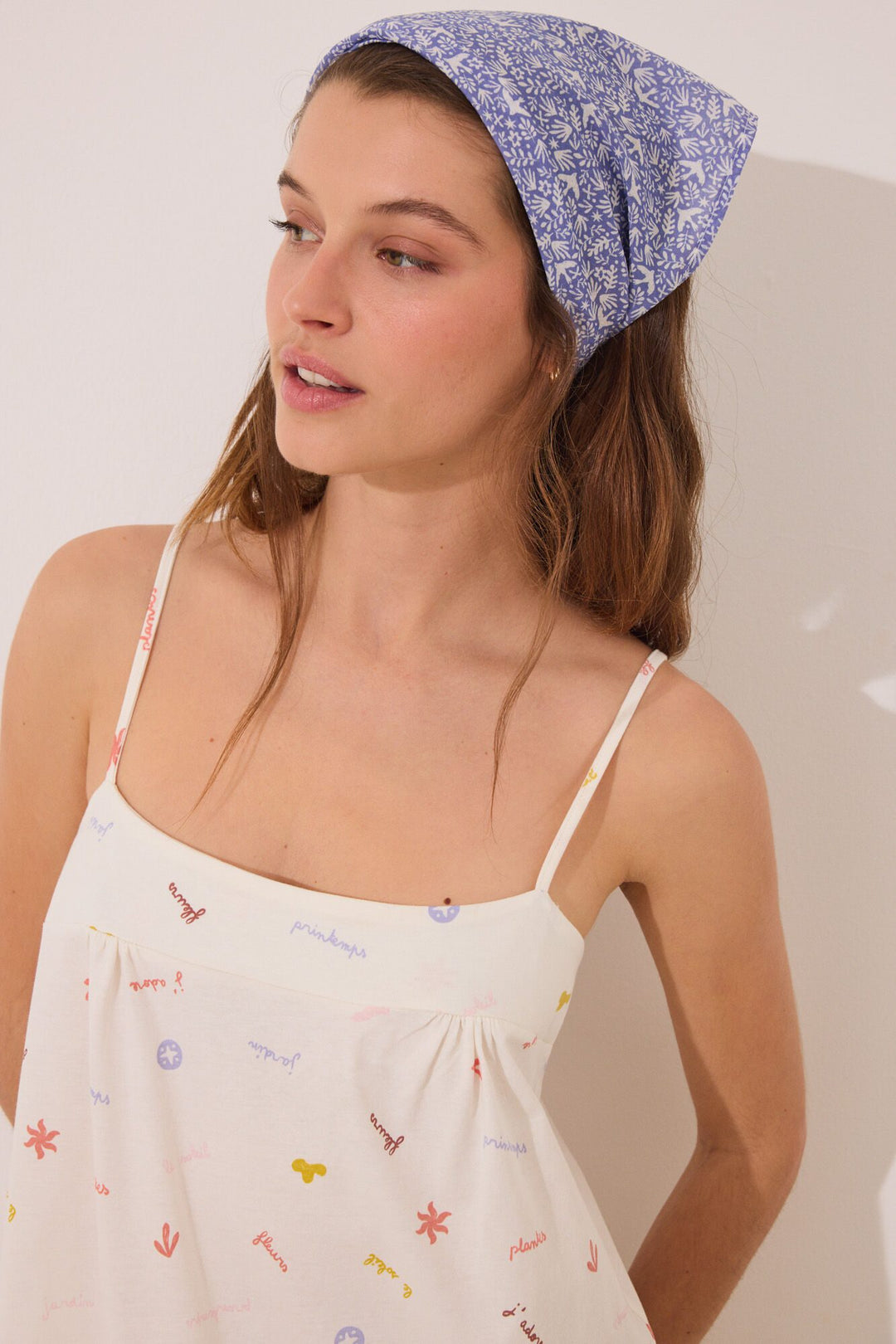 Straps Short Nightdress - White Print