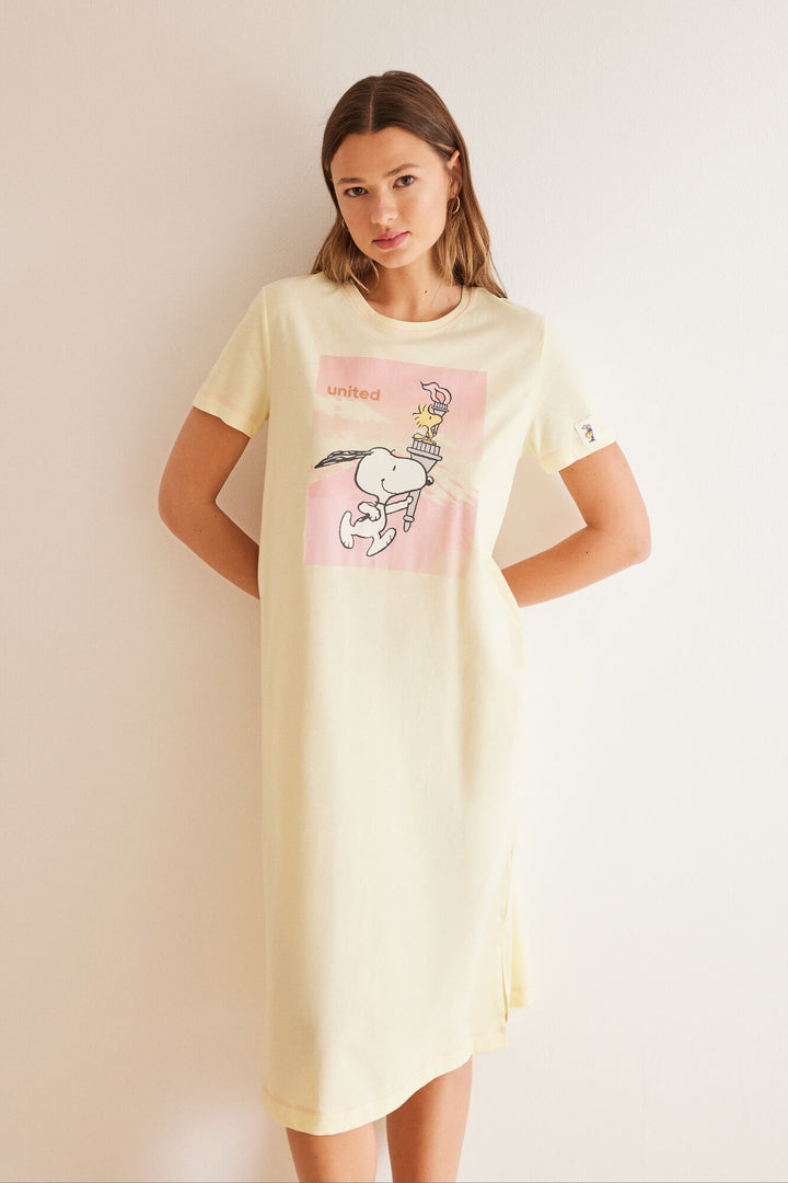 Yellow cotton Snoopy midi nightgown - Green Print
