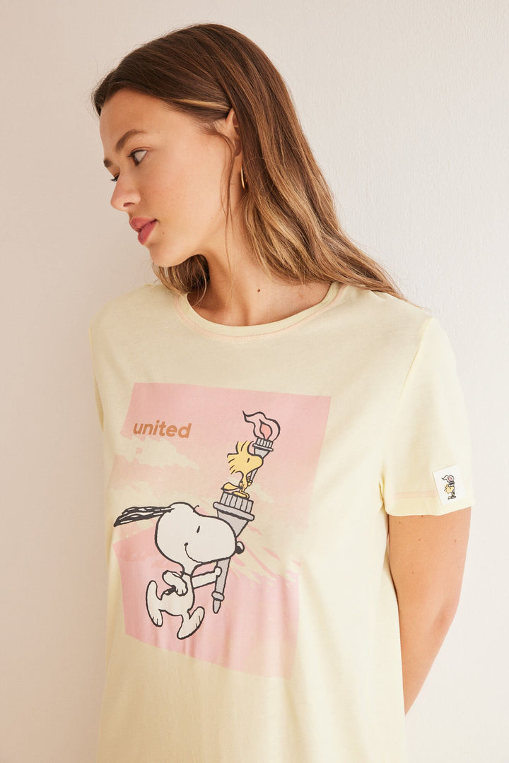 Yellow cotton Snoopy midi nightgown - Green Print