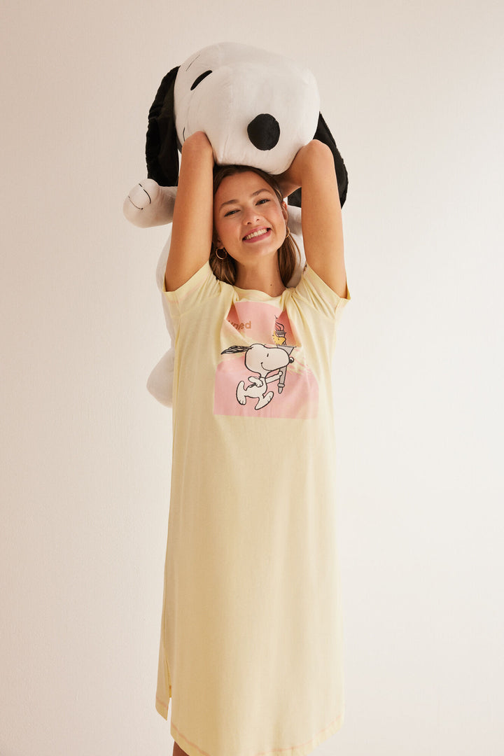 Yellow cotton Snoopy midi nightgown - Green Print